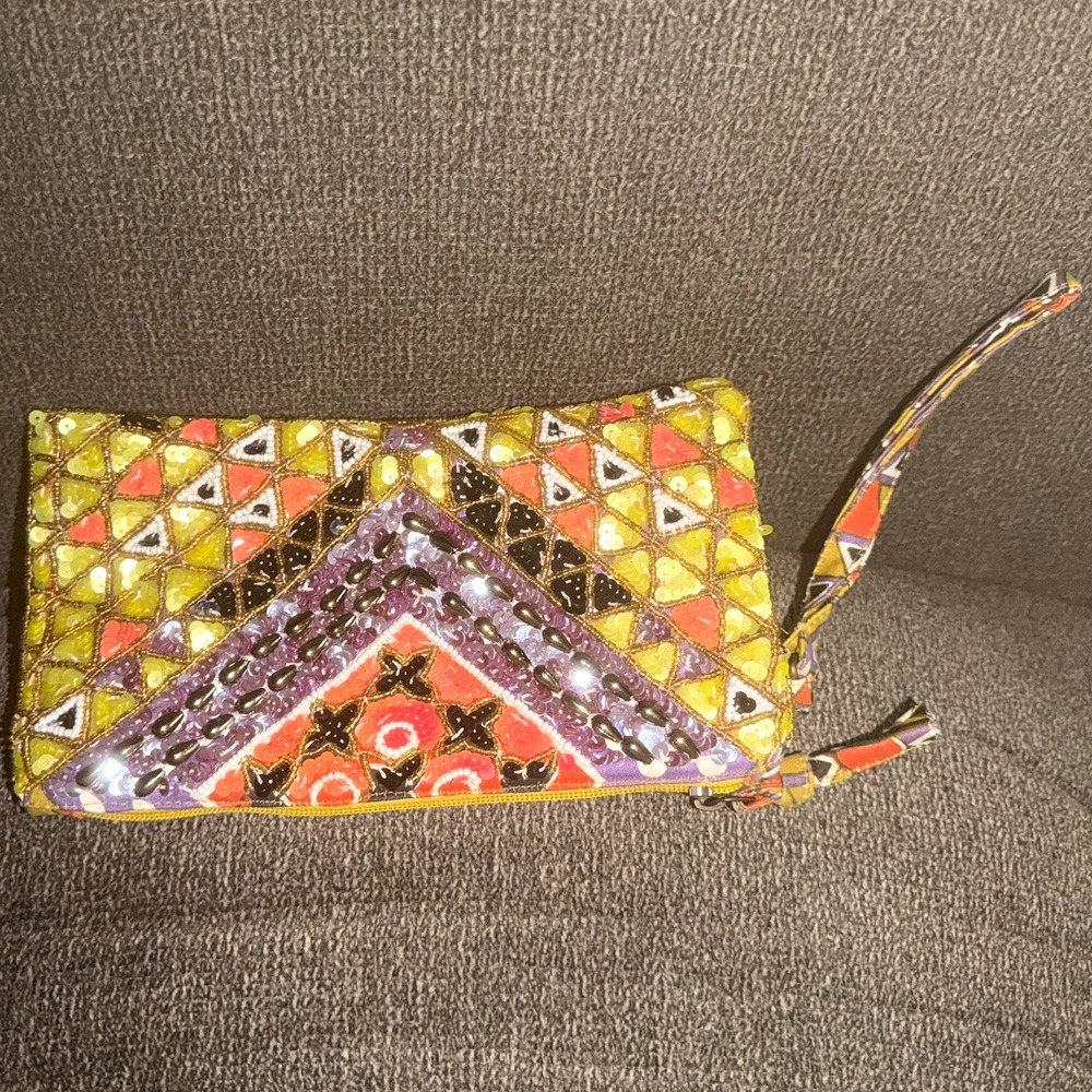 Beaded Sequin Wristlet Clutch Purse Multicolor Yellow Purple